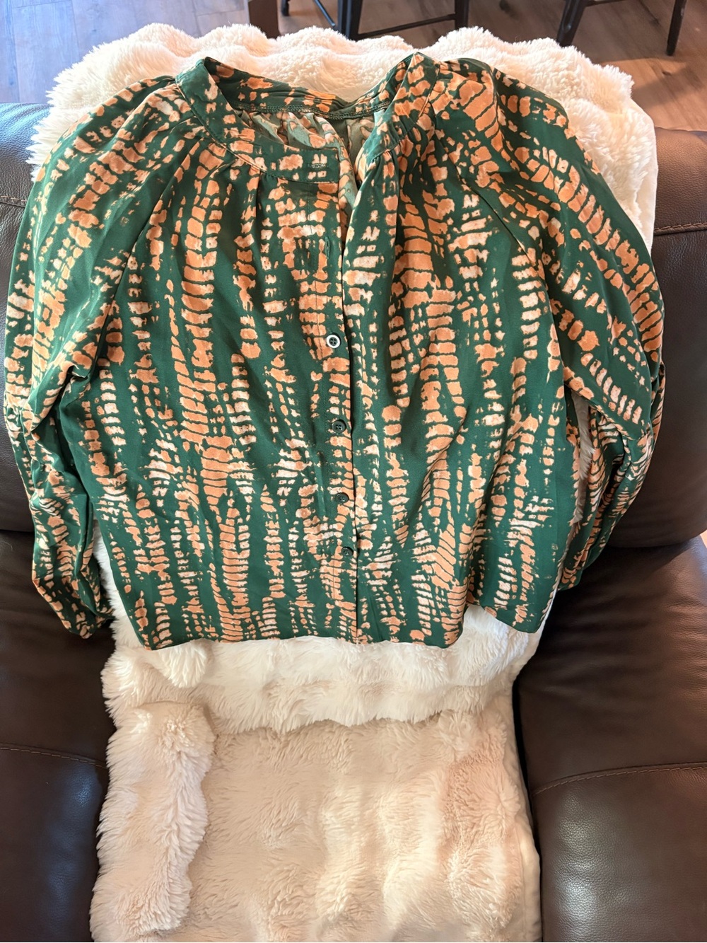 Green and Tan Patterned Women's Button-Front Top
